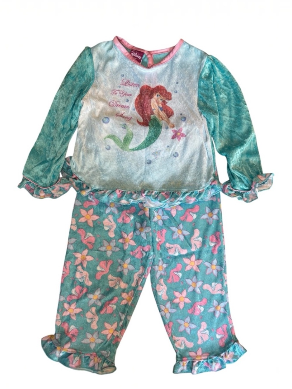 Vintage Y2K Disney Little Mermaid Ariel Crushed Velvet 2Piece Pajama Set 3T 2006